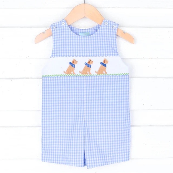 Yellow Labs Gingham Smocked Jon Jon baby toddler boy dogs puppy romper classic - Picture 1 of 7